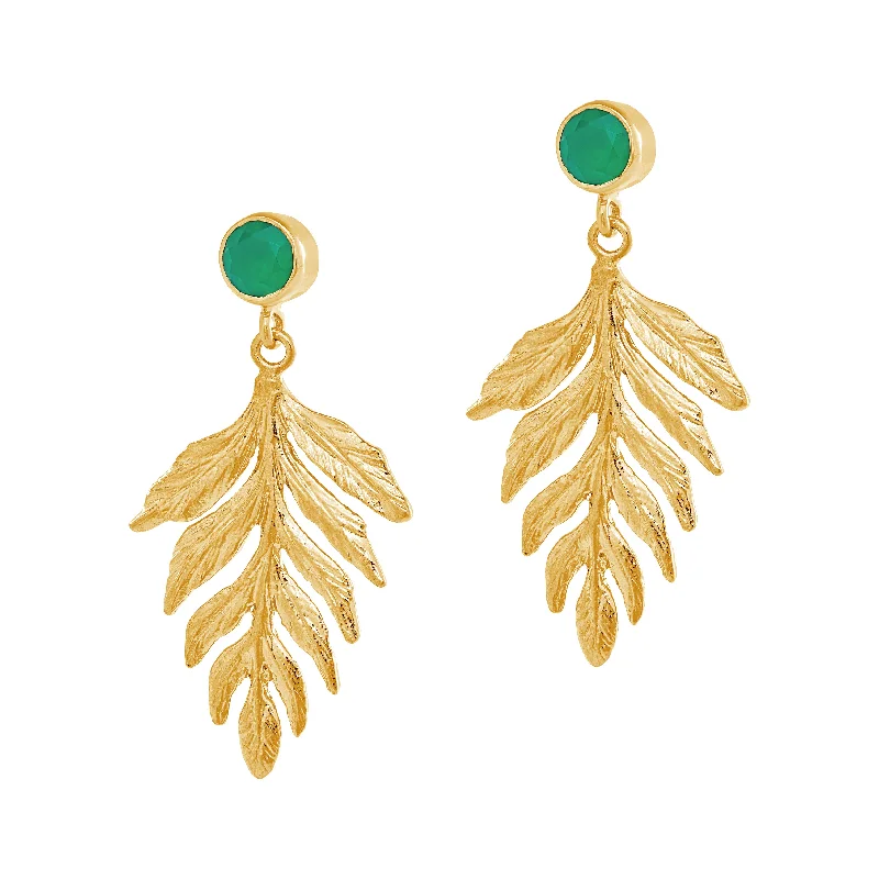 Hoop earrings with textured gold for a refined and sophisticated aesthetic-Gold Green Agate Fern Earrings