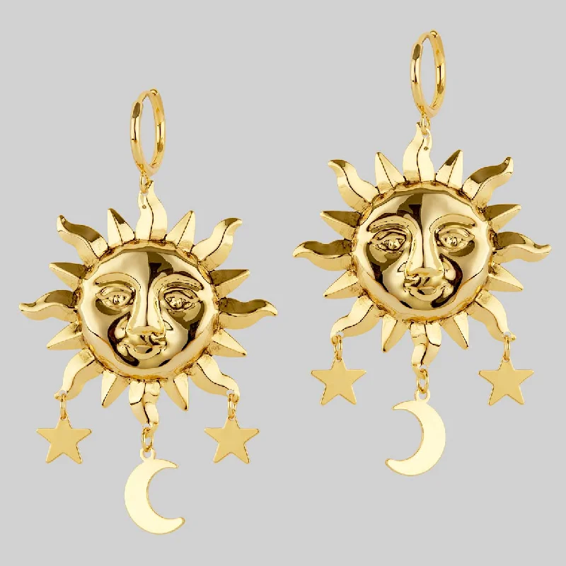 Medium hoop earrings for an everyday look with the perfect balance of style-HELIOS. Sun & Moon Dream Catcher Hoop Earrings - Gold