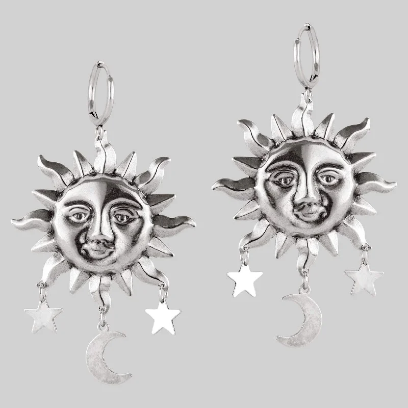 Best hoop earrings with geometric shapes for a modern and artistic appeal-HELIOS. Sun & Moon Dream Catcher Hoop Earrings - Silver