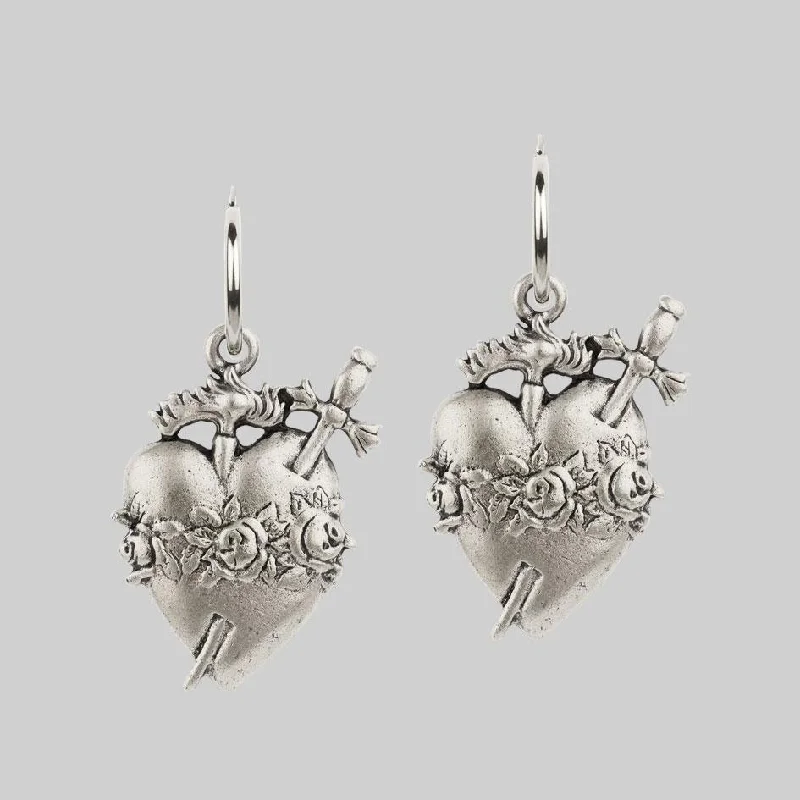 Hoop earrings with abstract wirework for an artistic, unique look-INFERNO. Sacred Heart Hoop Earrings - Silver