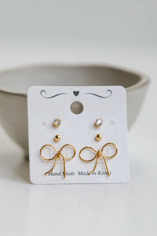 Best hoop earrings with textured silver for a rustic and organic finish-Kaylee Gold Bow Stud Earring Set