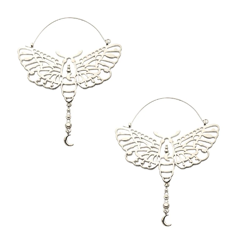 Best hoop earrings with delicate chain details for a trendy and stylish design-Luna Moth Dangle Moon Stainless Steel Plug Hoops