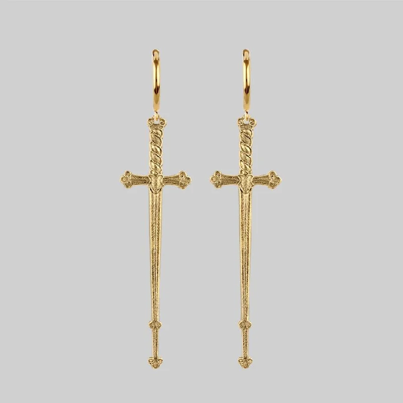 Hoop earrings with floral motifs for a feminine and nature-inspired look-MERCY. Sword Hoop Earrings - Gold