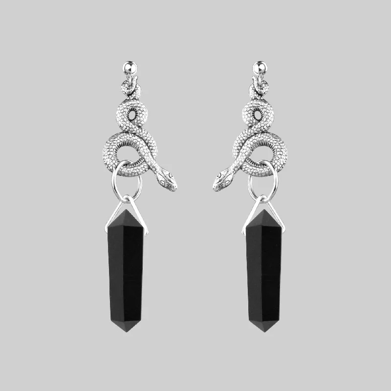 Hoop earrings with twisted leather for a chic and modern boho look-MERTLE. Snake Wrap Black Agate Earrings