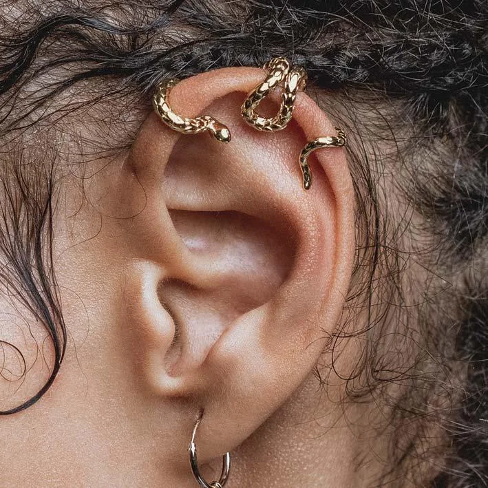 Best hoop earrings with stacked layers for a dimensional and bold look-MINERVA. Snake Ear Wrap Cuff - Gold