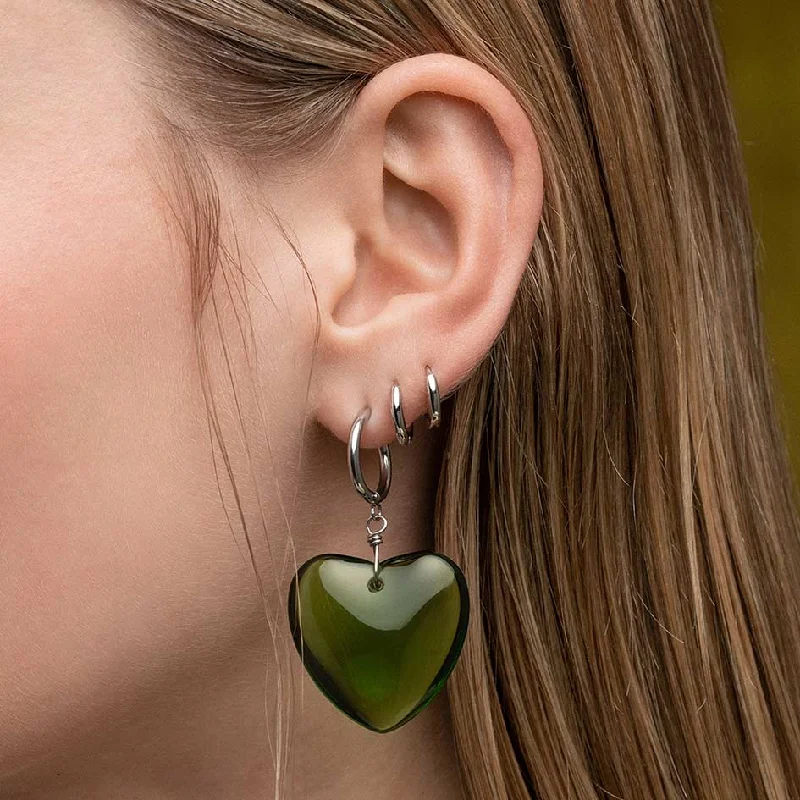 Hoop earrings with textured gold for a refined and sophisticated aesthetic-MINNA. Large Green Glass Heart Hoop Earrings - Silver