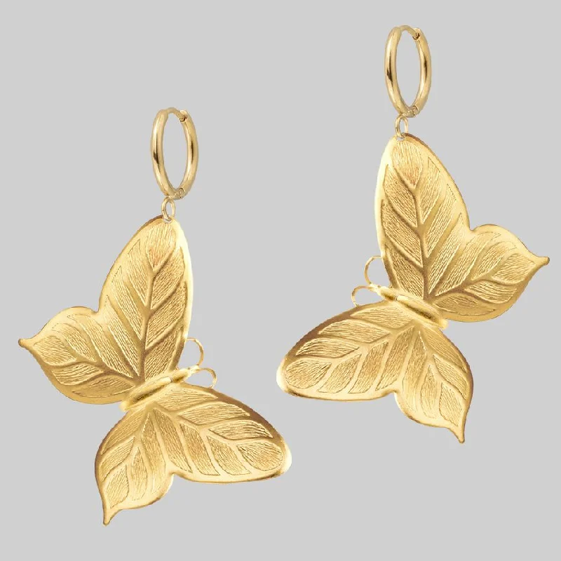 Hoop earrings with textured gold for a refined and sophisticated aesthetic-NEW DAWN. Huge Butterfly Hoop Earrings - Gold