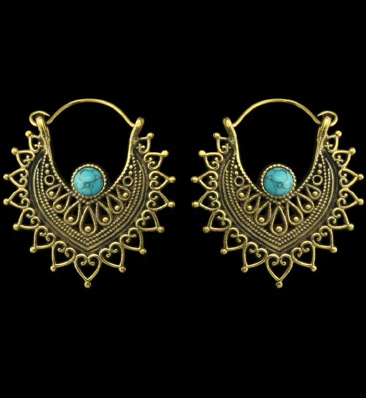 Hoop earrings with dangling charms for a playful and fun look-Noble Howlite Turquoise Stone Inlay Brass Hangers / Earrings