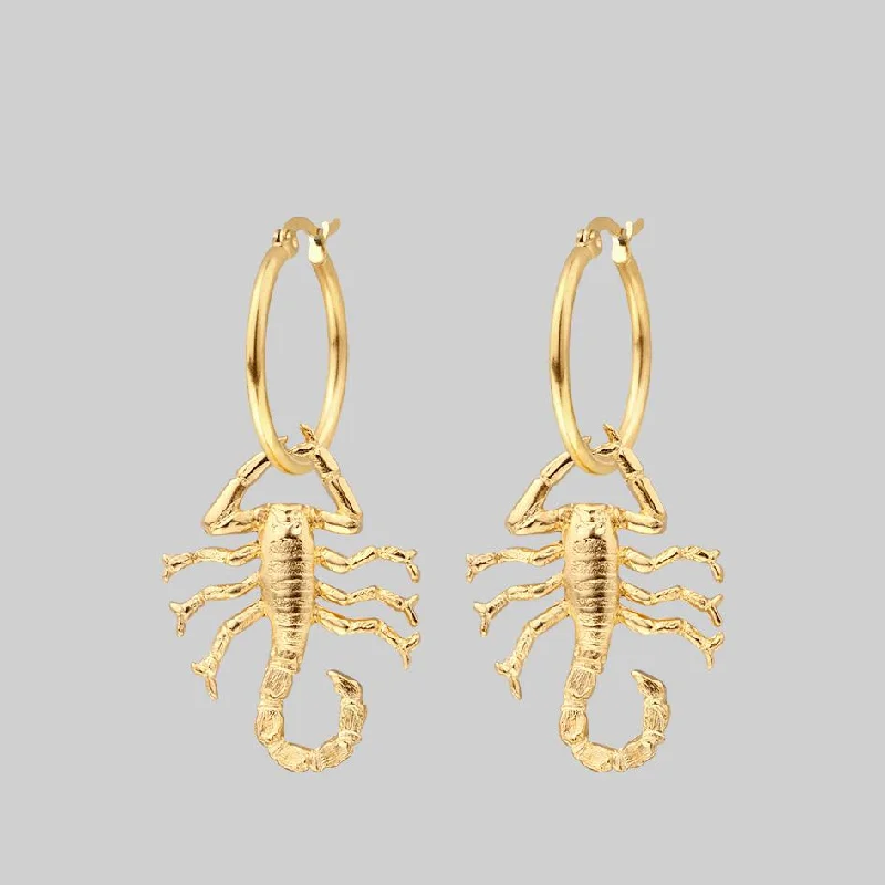 Hoop earrings with artistic filigree designs for an intricate, delicate finish-NOXIOUS. Scorpion Hoop Earrings - Gold