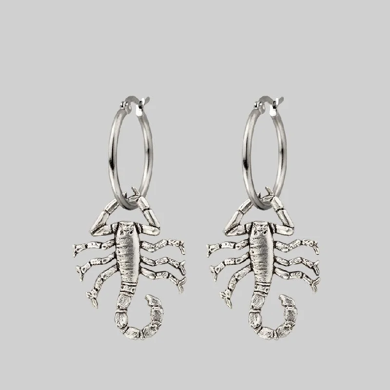 Hoop earrings with crescent moon shapes for a celestial and mystical appearance-NOXIOUS. Scorpion Hoop Earrings - Silver