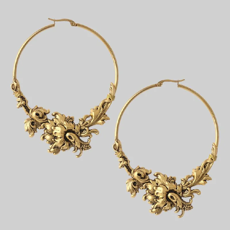 Best hoop earrings with matte finish for a sophisticated, understated design-PARADISE. Ornate Floral Hoop Earrings - Gold