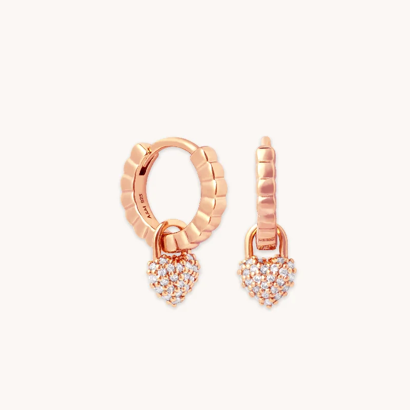 Hoop earrings with intricate designs for a unique and artistic appearance-Heart Pavé Charm Huggies in Rose Gold