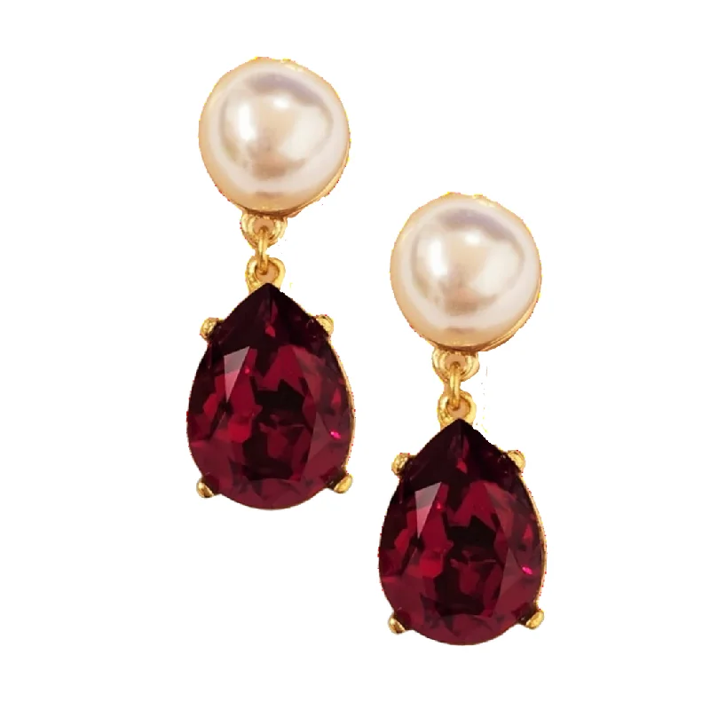 Hoop earrings with crescent moon shapes for a celestial and mystical appearance-Pearl & Ruby Teardrop Pierced Earring