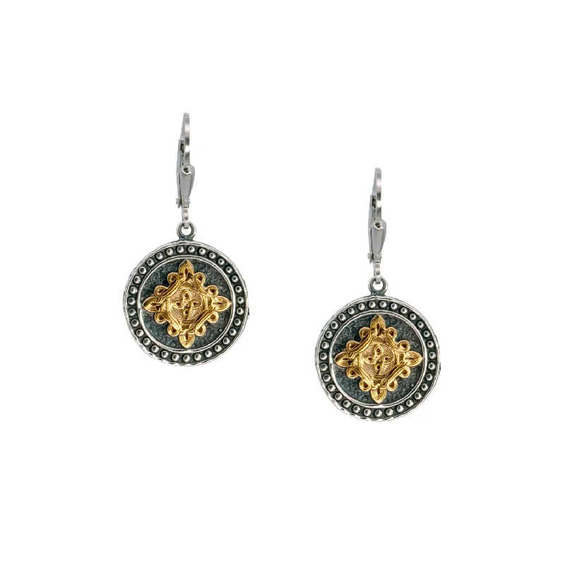 Hoop earrings with polished metal for a shiny and high-quality finish-Silver with 14k Gold Gilding Medallion Shield Leverback Earrings