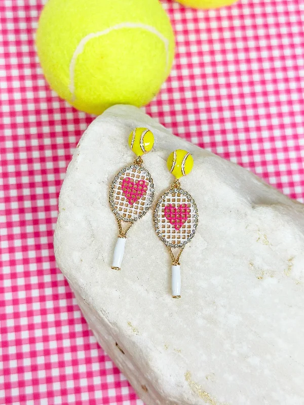 Hoop earrings with infinity loop designs for a continuous and eternal shape-Pink Heart Tennis Racket Dangle Earrings