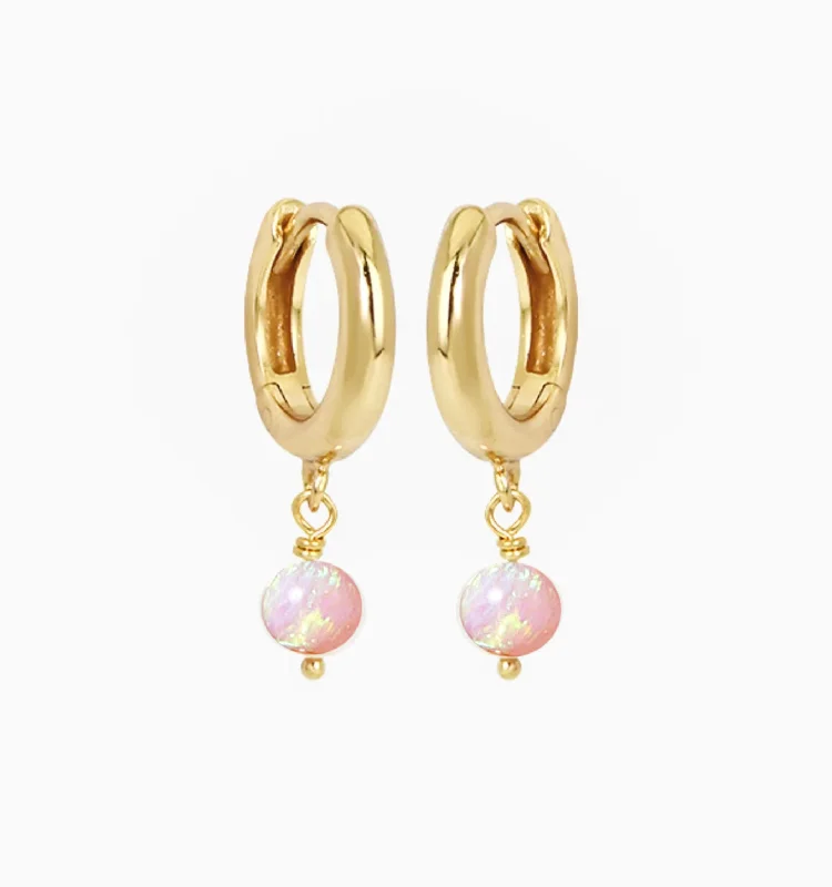 Hoop earrings with colorful beads for a fun and playful vibe-Pink Opal Huggie Earrings