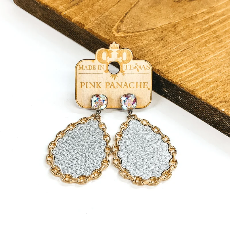 Hoop earrings with cut-out designs for a creative and lightweight effect-Pink Panache | AB Cushion Cut Crystal Studs with Hanging Leather Gold Chained Rimmed Teardrop Pendant in Silver