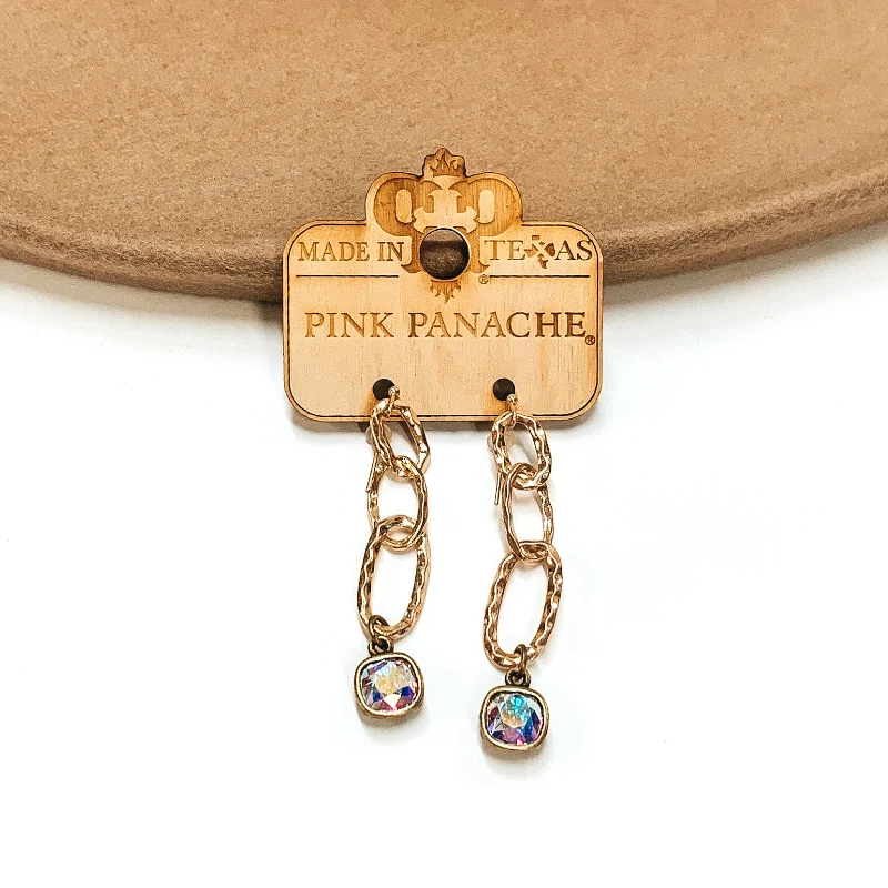 Hoop earrings with removable pendants for a versatile and customizable accessory-Pink Panache | AB Cushion Cut Drop on Worn, Hammered Chain Link Earring in Gold