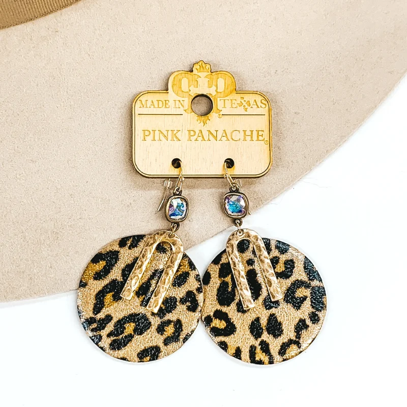 Best hoop earrings with sterling silver for an affordable and chic design-Pink Panache | Dangle AB Cushion Cut Crystal Earrings with Leather Circle Pendant in Leopard Print