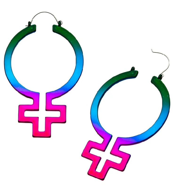 Best hoop earrings with vintage rhinestone embellishments for a retro-glam effect-Rainbow Female Symbol Plug Hoops