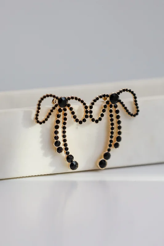 Best hoop earrings with rose gold for a romantic and warm aesthetic-Raven Black Rhinestone Bow Earrings