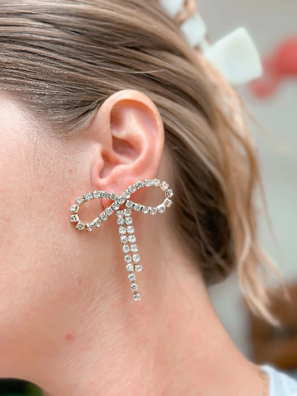 Hoop earrings with oversized designs for a bold, fashion-forward statement-Rhinestone Bow Statement Earrings