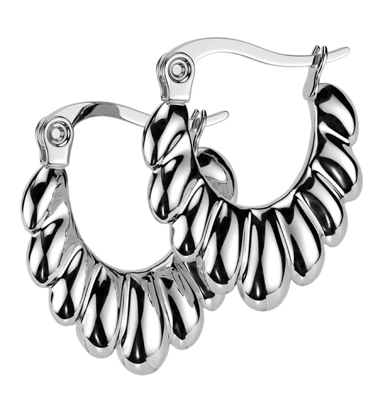 Best hoop earrings with snake chain details for a sleek and modern touch-Scalloped Stainless Steel Hinged Hoop Earrings