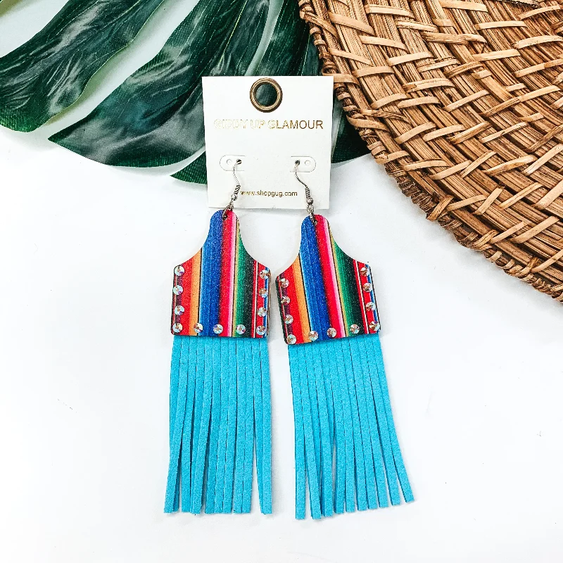 Hoop earrings with rhinestone embellishments for a glamorous and sparkling look-Serape Cattle Tag Wood Earrings with Turquoise Tassels