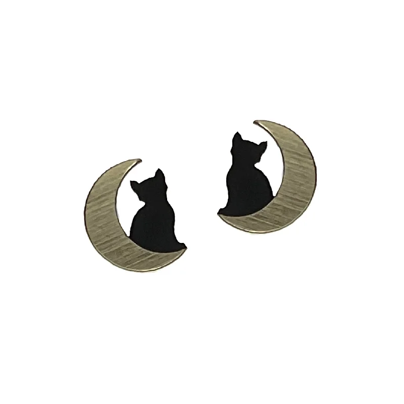 Hoop earrings with enamel stripes for a colorful and eye-catching design-Small Cat in Moon Earrings