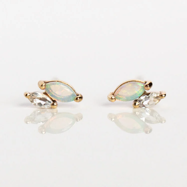 Best hoop earrings with stacked layers for a dimensional and bold look-Solid Gold Opal and White Topaz Marquise Studs