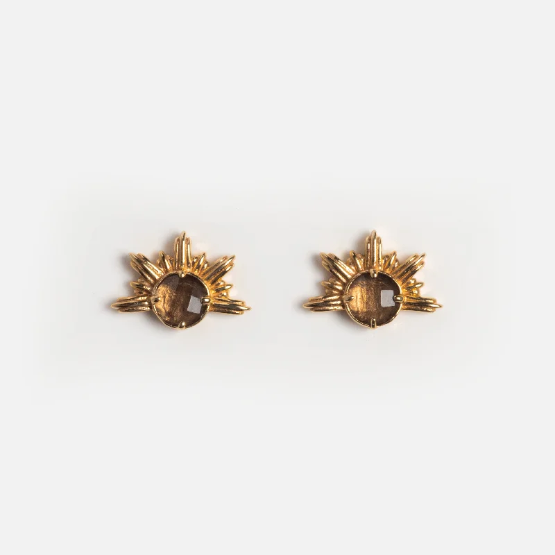 Best hoop earrings with enamel details for a colorful and modern look-Solid Gold Smoky Quartz Sunburst Studs