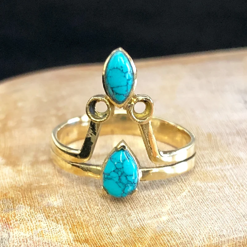 Hoop earrings with removable pendants for a versatile and customizable accessory-<span>RBR-066<span>: </span></span>Turquoise Pyramid Ring - Brass