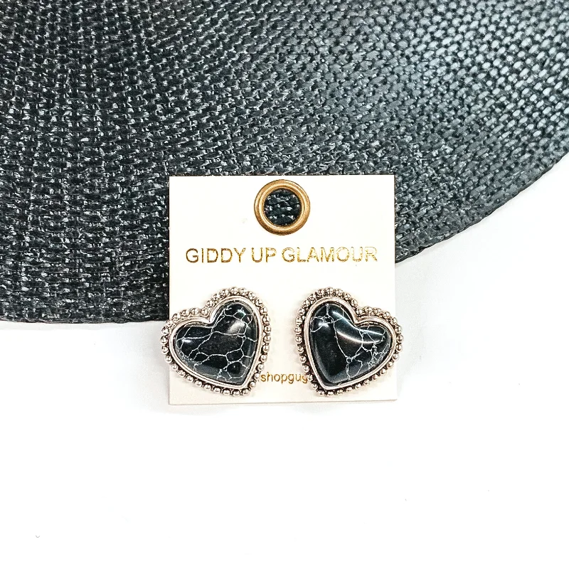 Hoop earrings with open designs for a modern, lighthearted vibe-Stone Heart Earrings in Black