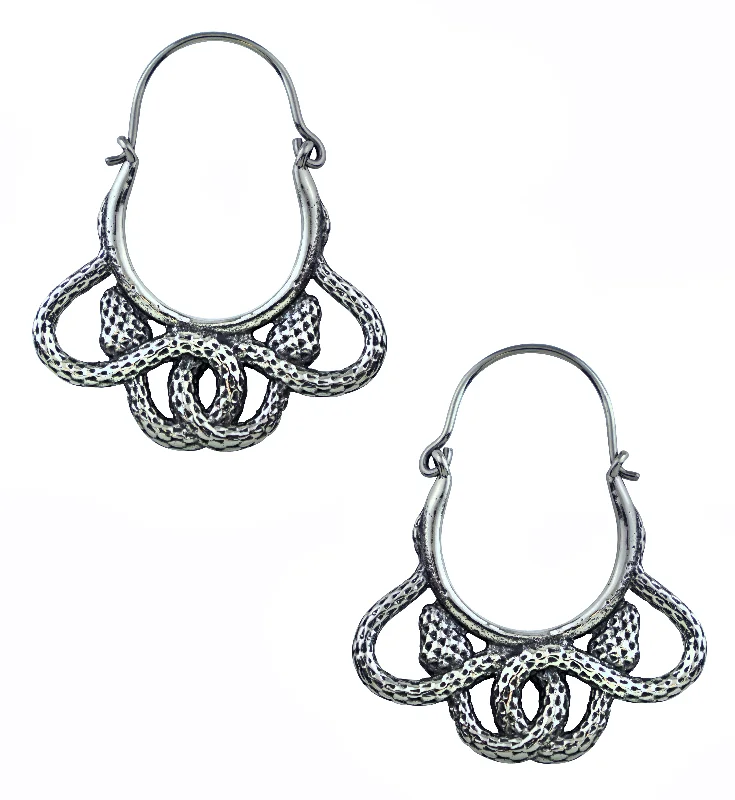 Hoop earrings with removable pendants for a versatile and customizable accessory-Tangled Snakes White Brass Plug Hoops / Earrings