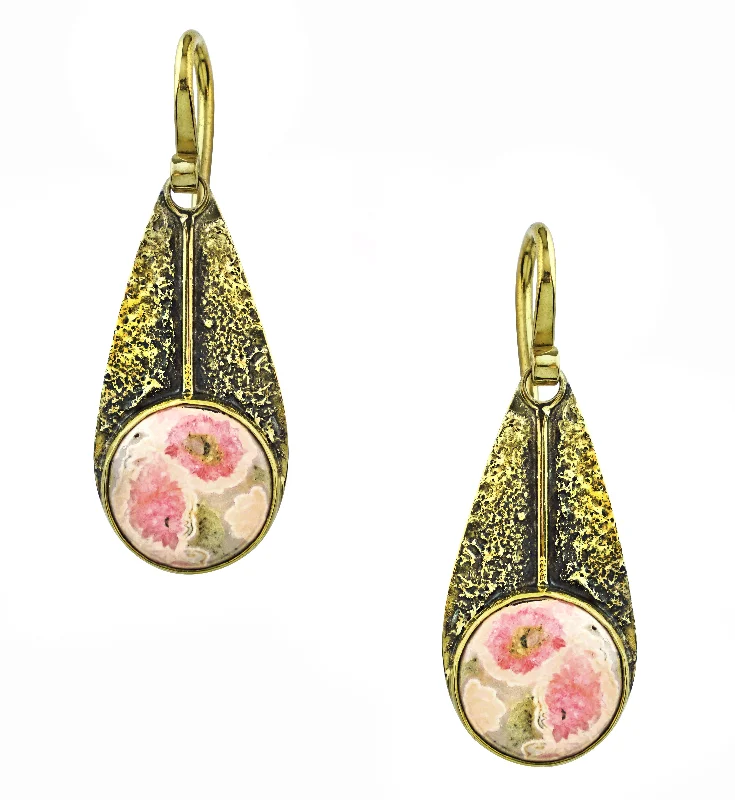 Best hoop earrings with crescent-shaped designs for a bold, moon-inspired style-Scaled Dangle Rhodochrosite Stone Inlay Brass Earrings