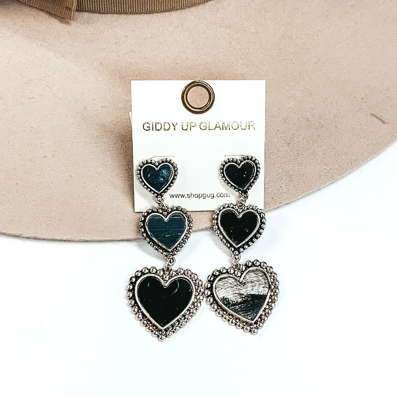 Best hoop earrings with oval shapes for a unique and elongated design-Three Tiered Hearts Black Shell Dangle Earrings in Silver