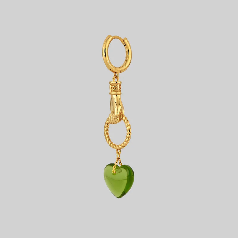 Classic hoop earrings with a thin profile for a sleek and subtle style-UNITE. Hand Grasping Green Glass Heart Earrings - Gold