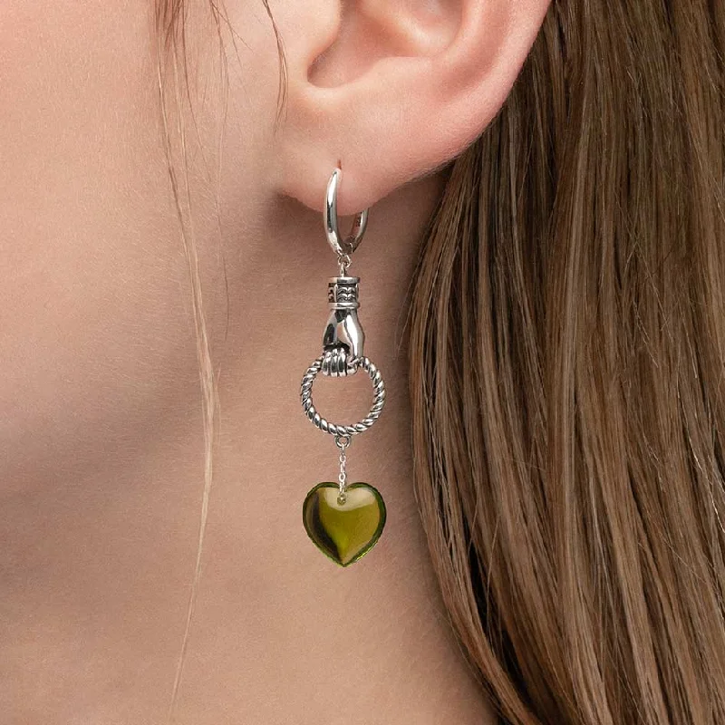 Hoop earrings with intricate designs for a unique and artistic appearance-UNITE. Hand Grasping Green Glass Heart Earrings - Silver