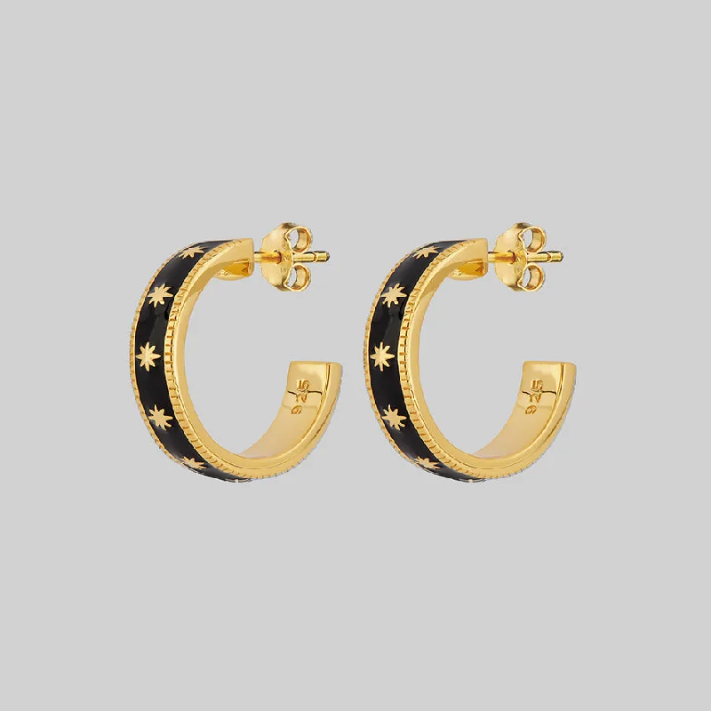 Hoop earrings with rhinestone-studded rims for a glamorous touch-VYVIAN. Tiny Stars Black Enamel Hoop Earrings - Gold