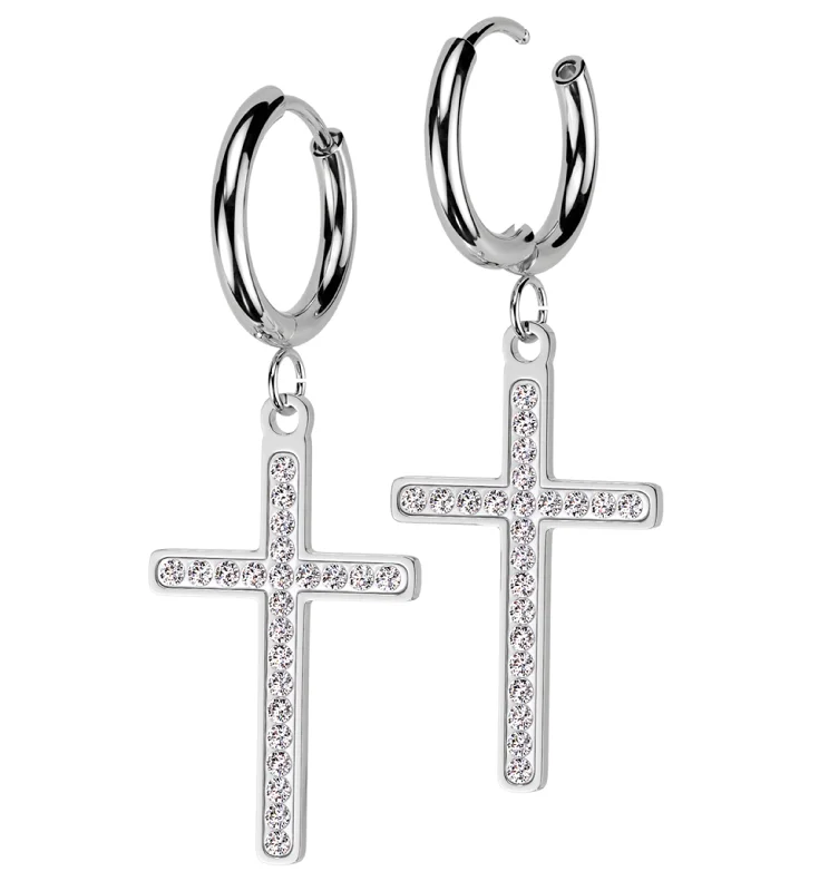 Best hoop earrings with enamel details for a colorful and modern look-White Cross Clear CZ Stainless Steel Hoop Earrings