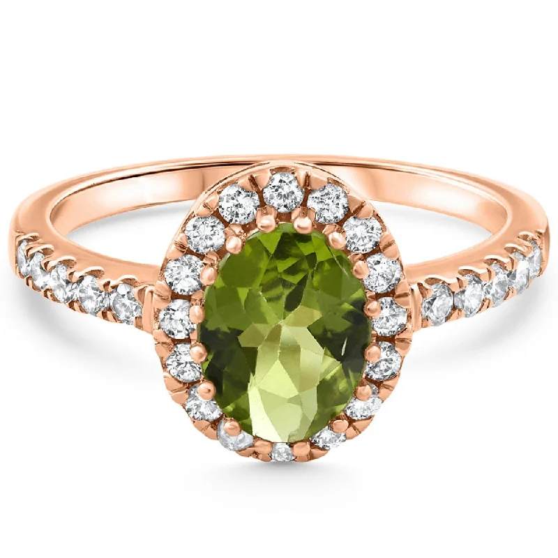 Minimalist rings with tiny diamond dot accents -1 1/2Ct Oval Peridot Halo Diamond Ring 14k Gold Lab Grown