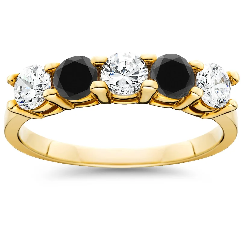 Rings with vintage claw prongs for elegance -1 1/4CT Black & White Diamond 5 Stone Wedding Ring 10K Yellow Gold