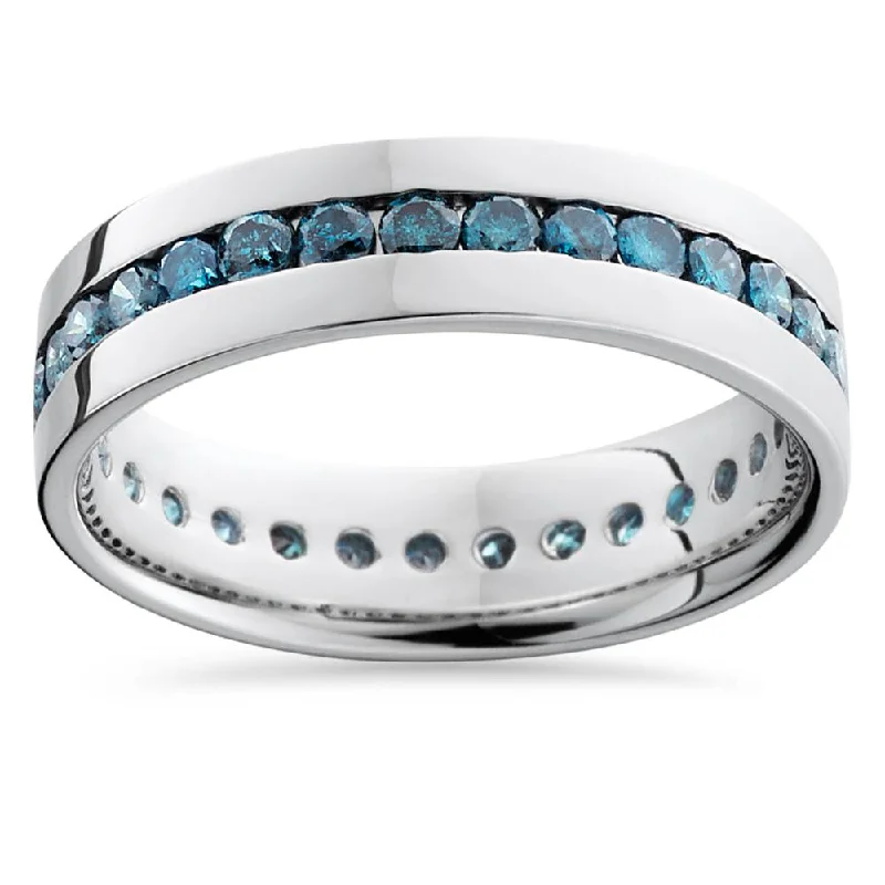 Rings with oxidized silver for antique appeal -1 1/5ct Blue Diamond Channel Set Eternity Ring 14K White Gold Comfort Fit