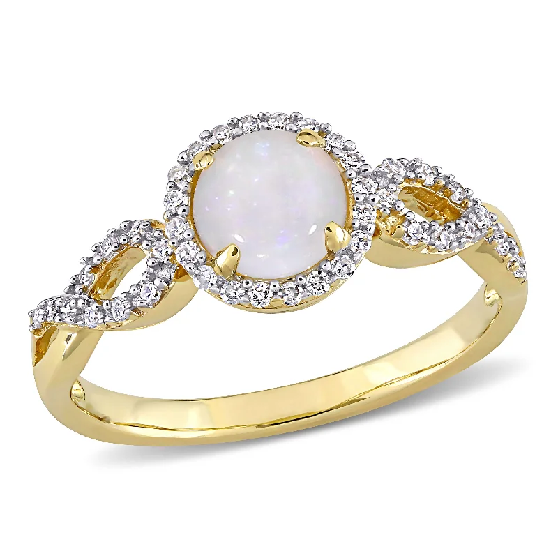 Rings with vintage-inspired rose-cut diamonds -1/2 CT TGW Opal and 1/6 CT TW Diamond Circular Infinity Ring in 10K Yellow Gold