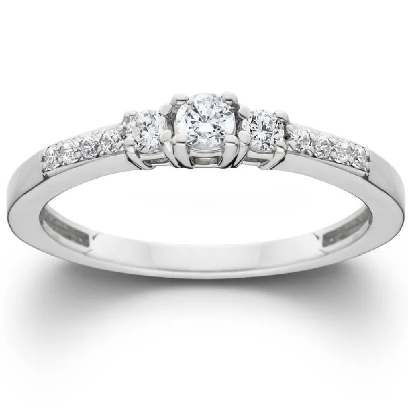 Rings with oxidized bands for vintage edge -1/2ct Three Stone Round Diamond Engagement Ring 14K White Gold