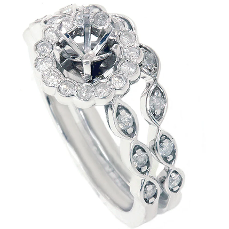 Rings with floral halo diamond arrangements -1/2ct Vintage Diamond Ring Semi Mount Bridal Set 14K White Gold