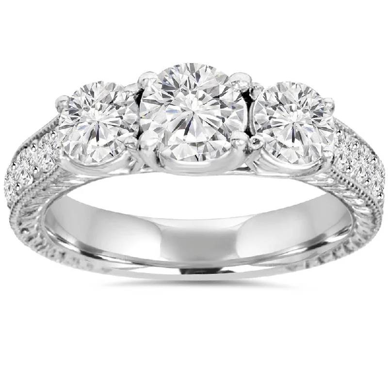 Rings with branch-inspired bands for organic -1 3/4ct Vintage Three Stone Round Diamond Engagement Ring 14K White Gold