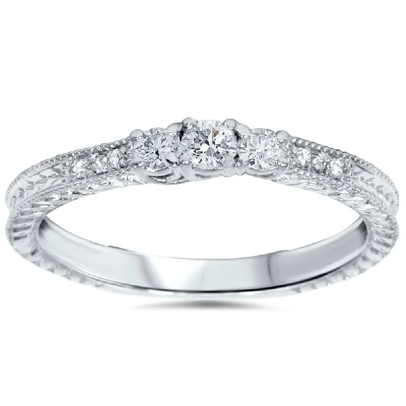 Rings with hexagon-cut stones for trendiness -1/4ct Vintage Three Stone Round Diamond Engagement Ring 14K White Gold