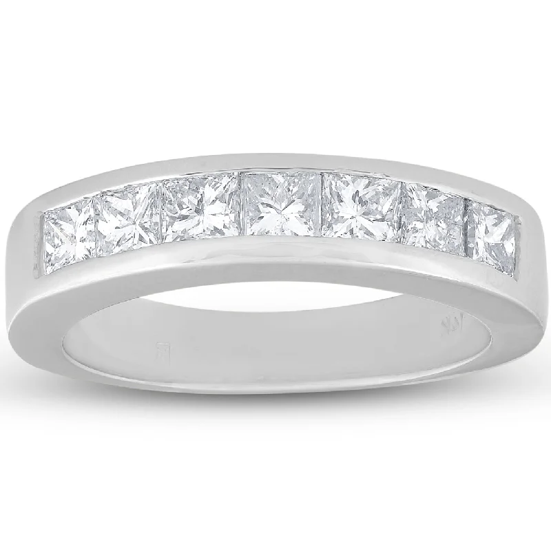 Dainty rings with subtle engraved star motifs -1 Ct Princess Cut Channel Set Diamond Wedding Ring 14K White Gold