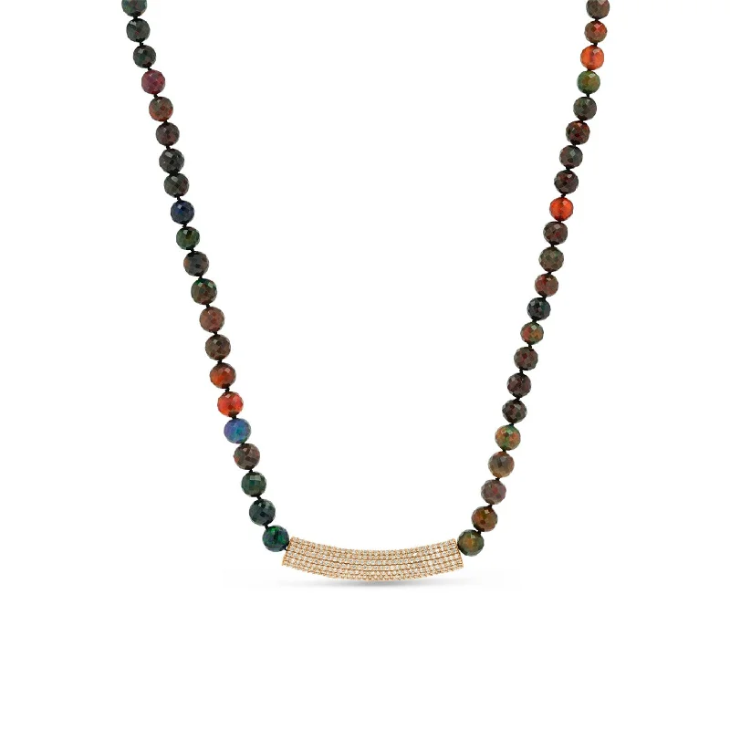 Beautiful necklaces and pendants with layered chains for a fashionable, chic look-14k Black Ethiopian Opal Knotted Necklace with Diamond Bar Connector "One of a Kind"